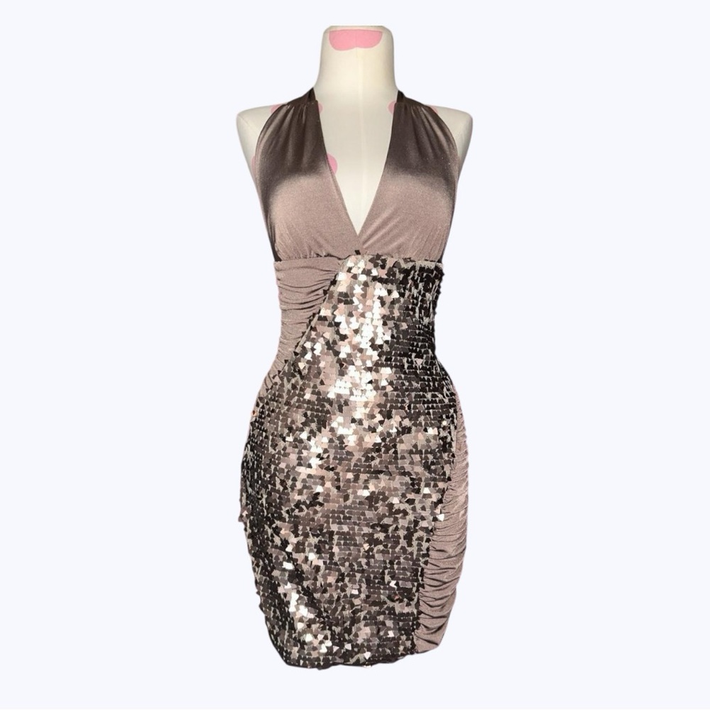 Vintage Y2K sequin asymmetrical body con halter neck dress
